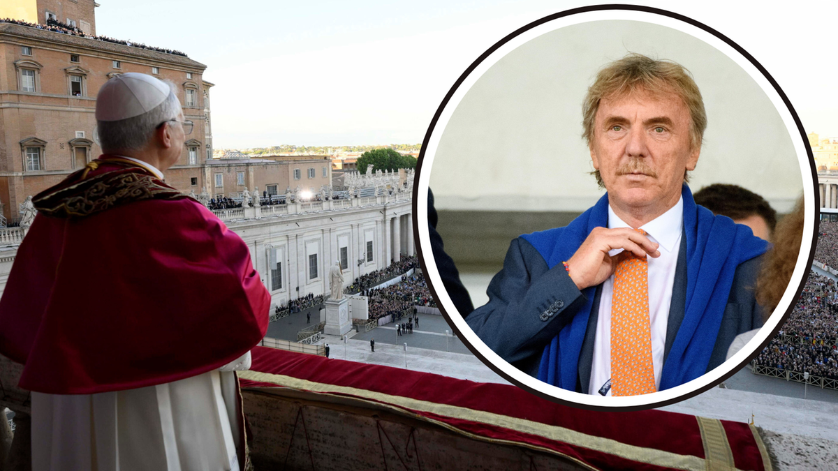 Zbigniew Boniek, znany polski piłkarz i działacz sportowy, w okrągłym kadrze. W tle widoczny papież w szatach liturgicznych stojący na balkonie w Watykanie, przed zgromadzonym tłumem.
