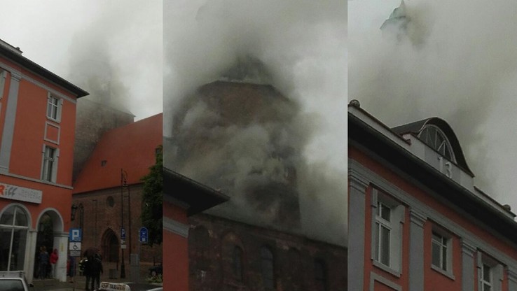 Pożar zabytkowej katedry w Gorzowie Wielkopolskim. Na miejscu wiele jednostek straży pożarnej