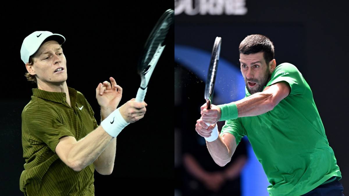 Dwóch tenisistów w akcji podczas meczu, jeden w zielonej koszulce, drugi w oliwkowej.