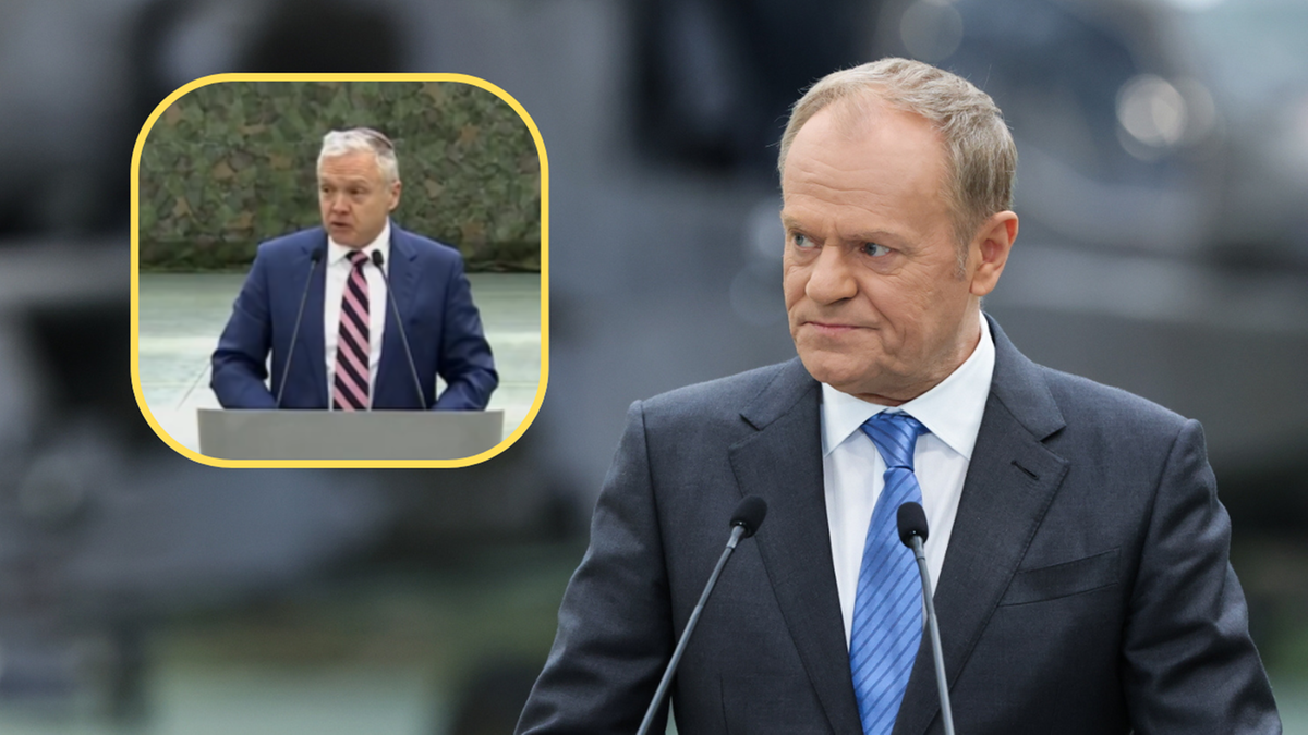 Donald Tusk przemawia, z wstawką z wypowiedzią Toma Rose'a.