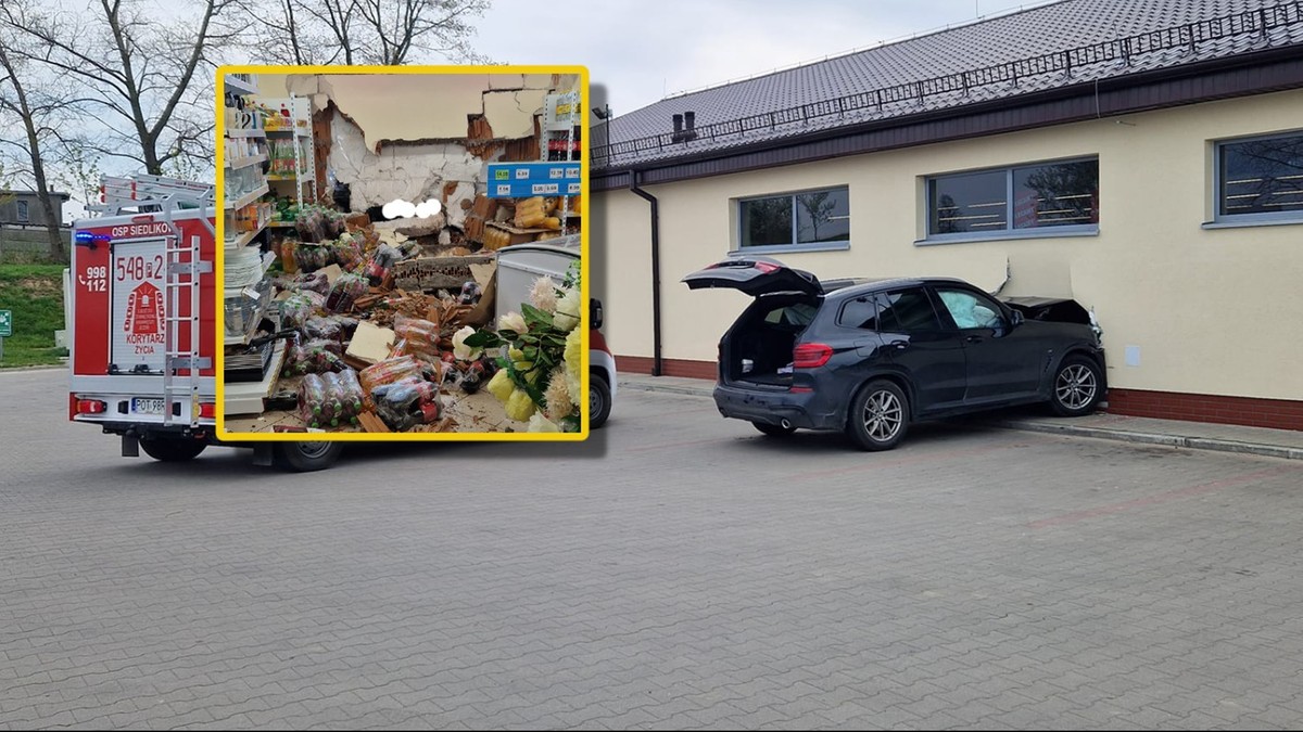 Wielkopolskie: Kierowca bmw pomylił gaz z hamulcem. Przebił się przez ścianę marketu