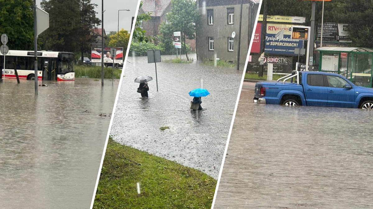 Trzy fotografie przedstawiające zalane ulice podczas ulewy. Na lewym zdjęciu widać autobus częściowo zanurzony w wodzie. Na środkowym zdjęciu dwie osoby z parasolami stoją w głębokiej wodzie na jezdni. Na prawym zdjęciu pickup jest zanurzony w wodzie do połowy drzwi.