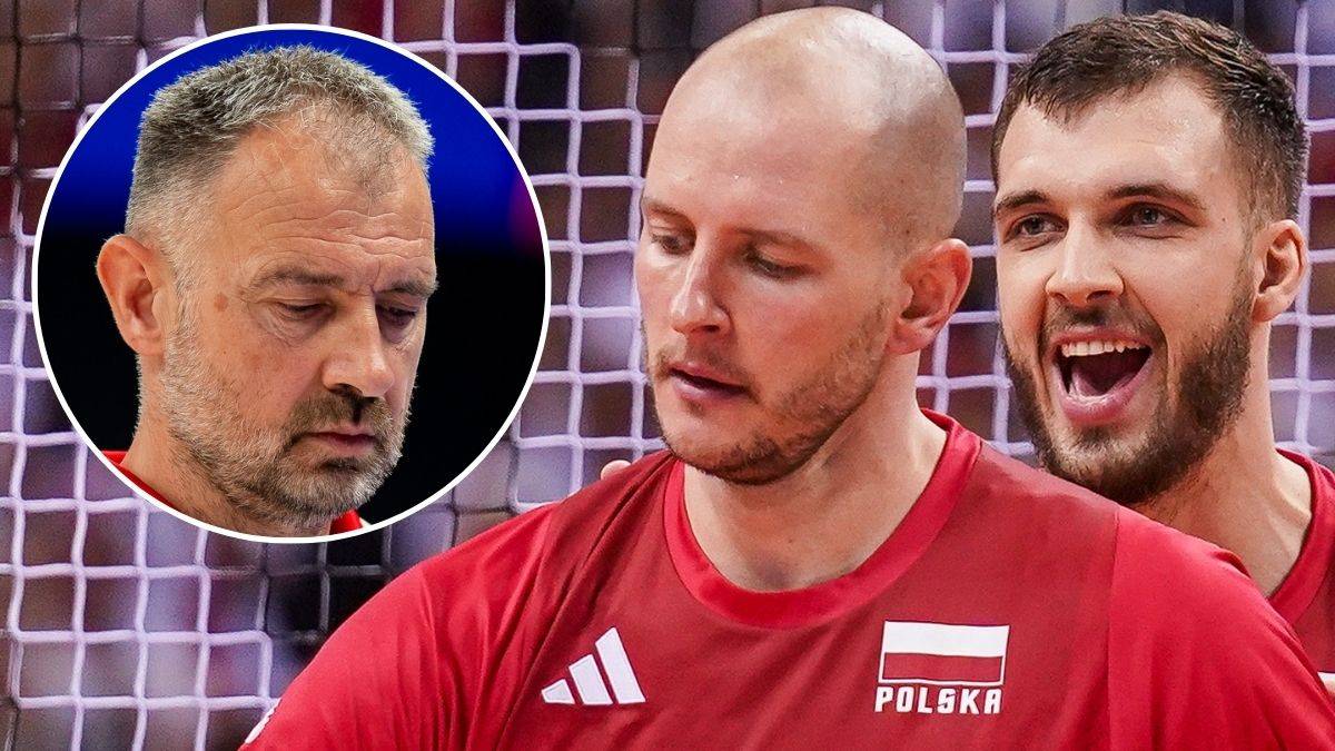 Portret siatkarza Nikoli Grbića w lewym górnym rogu, w centrum zbliżenie na siatkarza w czerwonej koszulce z napisem Polska.