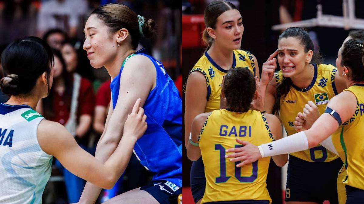 Dwie siatkarki Japonii i cztery siatkarki Brazylii na boisku podczas meczu.