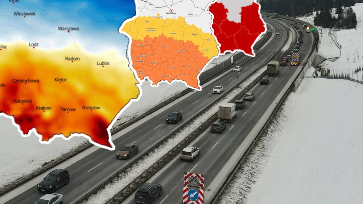 Mapa Polski z zaznaczonymi obszarami ostrzeżeń meteorologicznych oraz widok na autostradę z ruchem samochodowym.