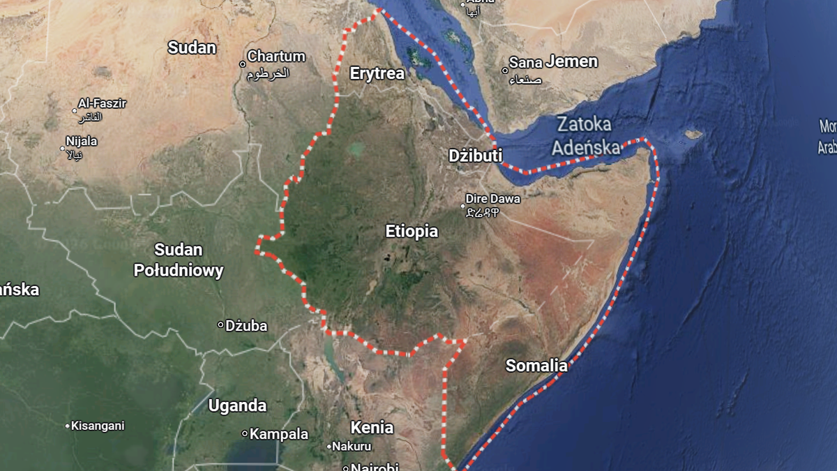 Mapa satelitarna przedstawiająca R&oacute;g Afryki z zaznaczonym obszarem Somalilandu.