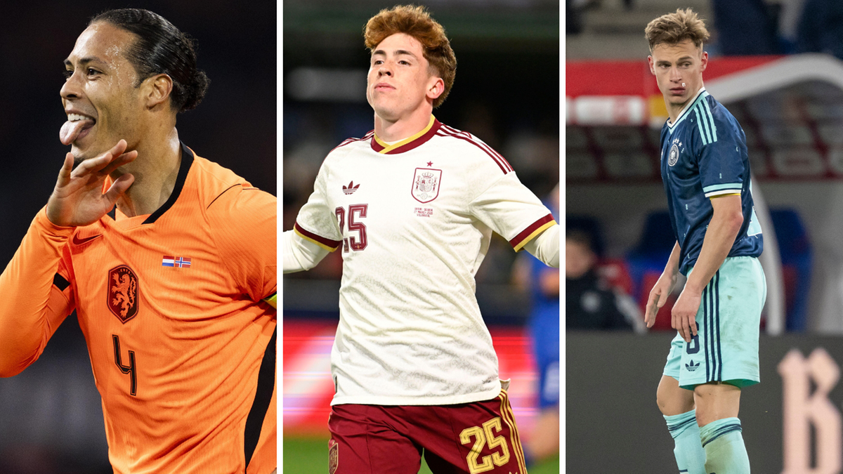 Trzech piłkarzy reprezentacji narodowych: Virgil van Dijk (Holandia), Nico Paz (Hiszpania) i zawodnik Niemiec.