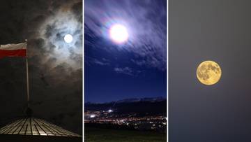 Superpełnia Księżyca widoczna na nocnym niebie, z różnymi ujęciami satelity Ziemi.