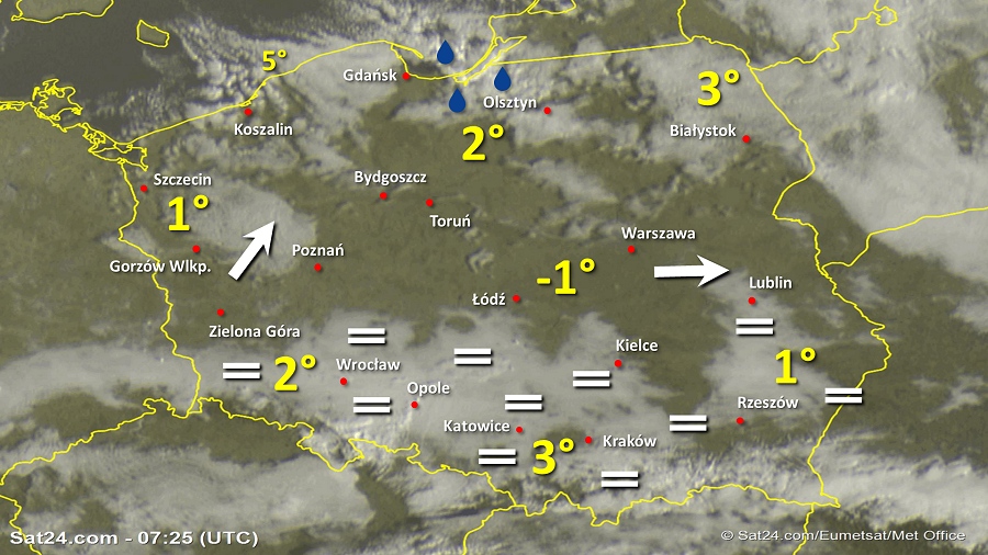 Zdjęcie satelitarne Polski w dniu 30 października 2019 o godzinie 8:30. Dane: Sat24.com / Eumetsat.