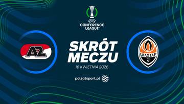 Logo AZ Alkmaar po lewej stronie, logo Szachtar Donieck po prawej stronie. Pośrodku napis 'SKRÓT MECZU' z datą 16 KWIETNIA 2026. Nad napisem logo Ligi Konferencji Europy.