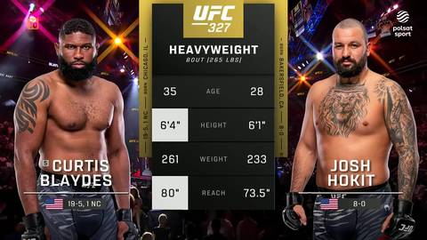 Curtis Blaydes i Josh Hokit, zawodnicy UFC, stoją obok siebie na tle tablicy z danymi i logo UFC 327.