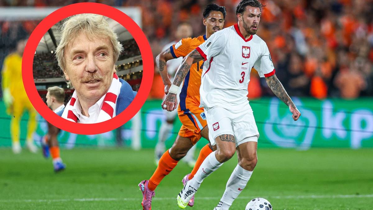 Zbigniew Boniek z profilu, na pierwszym planie piłkarz w białej koszulce z numerem 3, który prowadzi piłkę.