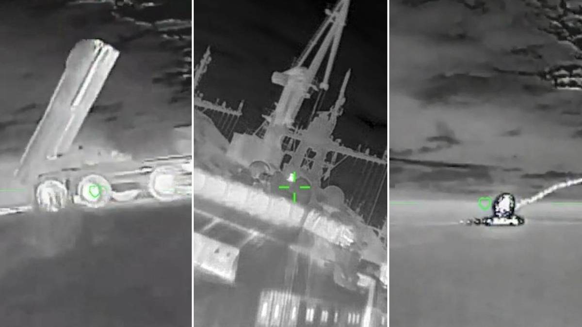 Obraz termowizyjny przedstawiający cele wojskowe, w tym pojazd, statek i obiekt na wodzie, oznaczone zielonymi punktami.