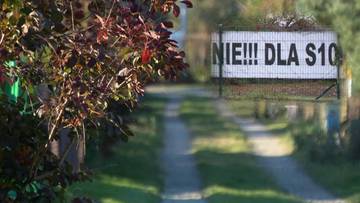 Tablica z napisem "NIE!!! DLA S10" na tle ogrodów działkowych.