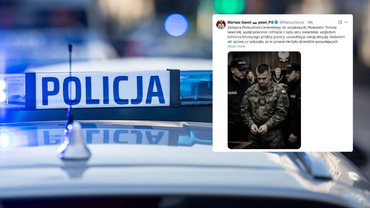 Fragment radiowozu policyjnego z włączonym kogutem i napisem "POLICJA" na pierwszym planie. W tle zrzut ekranu z wpisem na platformie X.