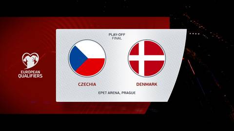Grafika przedstawia koła z flagami Czech i Danii, z napisem "PLAY-OFF FINAL", "CZECHIA", "DENMARK" oraz "EPET ARENA, PRAGUE".