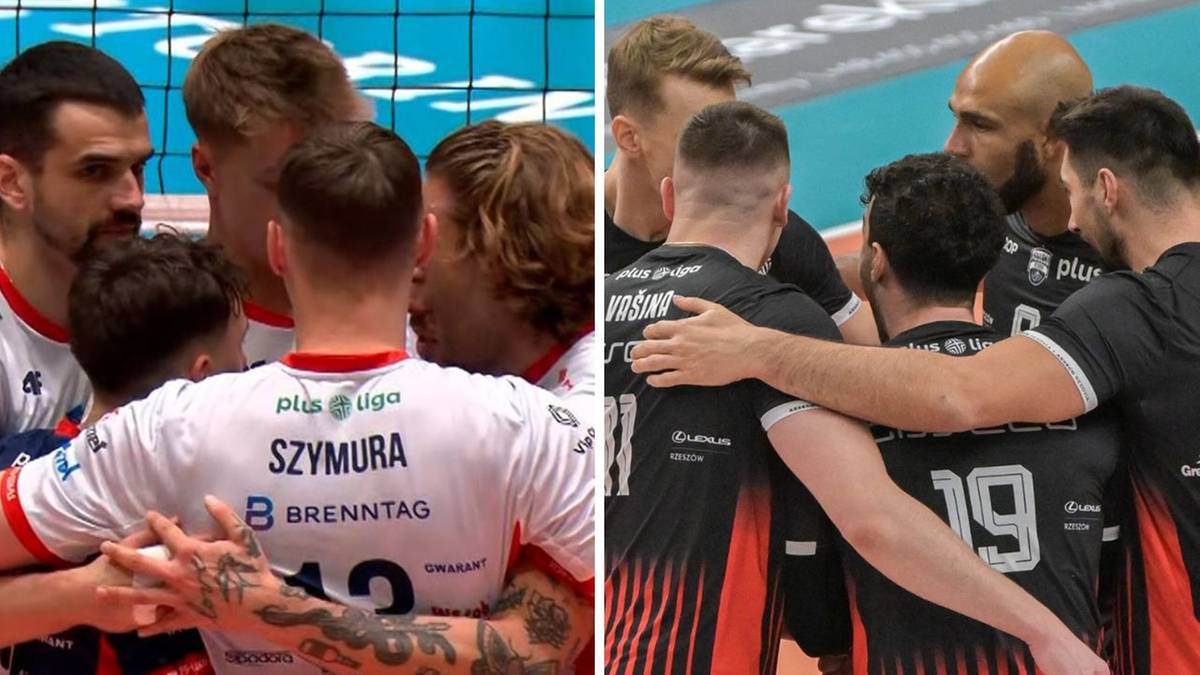 Zbliżenie na dwie drużyny siatkarskie w geście jedności i wsparcia przed meczem.