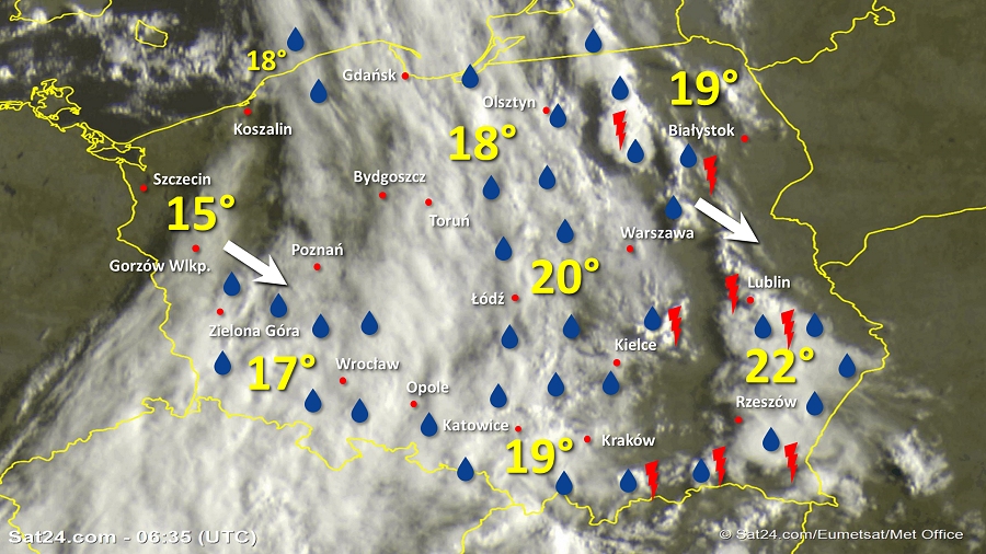 Zdjęcie satelitarne Polski w dniu 2 września 2019 o godzinie 8:40. Dane: Sat24.com / Eumetsat.