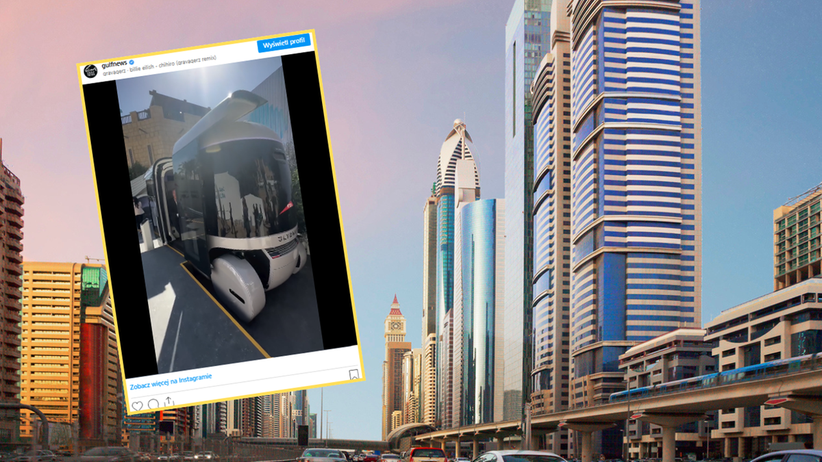 Nowoczesna, autonomiczna kapsuła transportowa zaparkowana na ulicy w Dubaju.