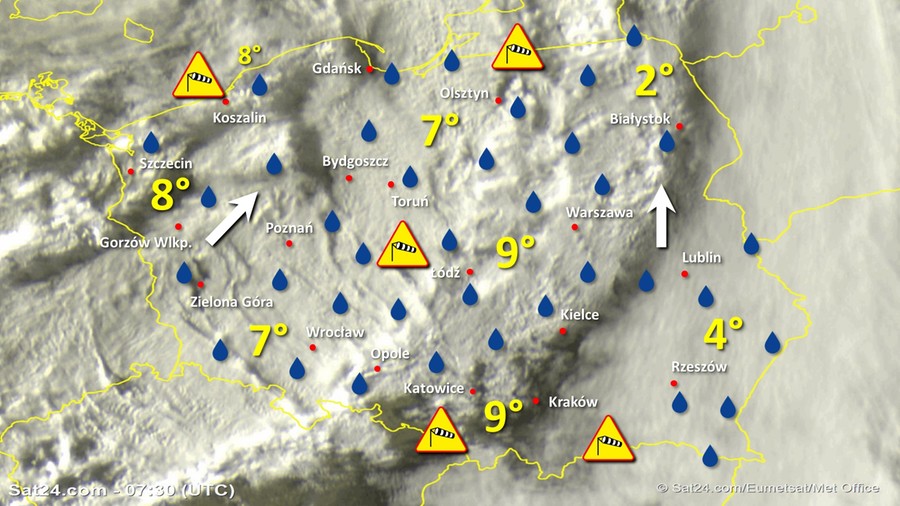 Zdjęcie satelitarne Polski w dniu 10 lutego 2020 o godzinie 8:30. Dane: Sat24.com / Eumetsat.