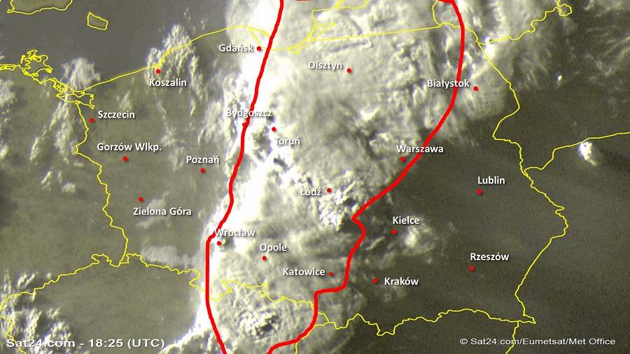 Zdjęcie satelitarne Polski w dniu 13 czerwca 2019 o godzinie 20:25. Dane: Sat24.com / Eumetsat.