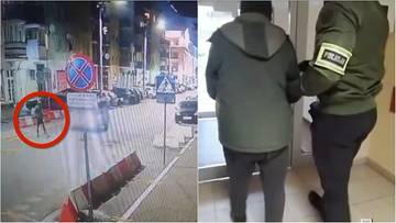 Fragment nagrania z monitoringu ulicznego pokazujący potrąconego pieszego w czerwonym okręgu, obok zdjęcie przedstawiające policjantów prowadzących podejrzanego.