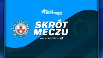 Logo Energa Start Elbląg i logo Galiczanka Lw&oacute;w obok napisu SKR&Oacute;T MECZU, z grafiką przypominającą falę w tle.