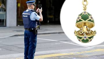 Policjant w mundurze stoi na ulicy i filmuje coś telefonem. Obok znajduje się zbliżenie na bogato zdobiony wisiorek w kształcie jajka Fabergé.