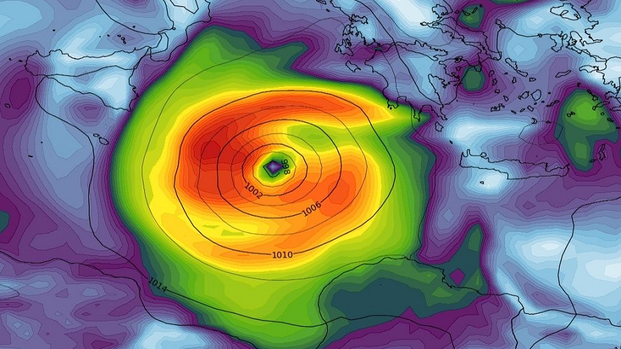 Wizualizacja porywów wiatru w cyklonie Zorbas. Fot. wxcharts.eu