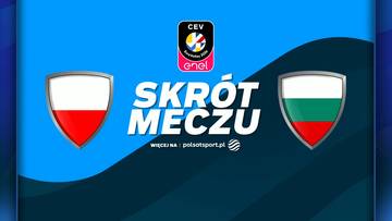 Grafika zapowiadająca skrót meczu siatkówki pomiędzy Polską a Bułgarią, z herbam