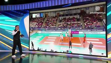 Ekran z meczem siatkówki i stojący obok mężczyzna w garniturze.