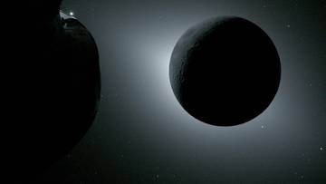 Widok z kosmosu na Księżyc widziany z orbity podczas misji Artemis II, z elementami statku kosmicznego w tle.