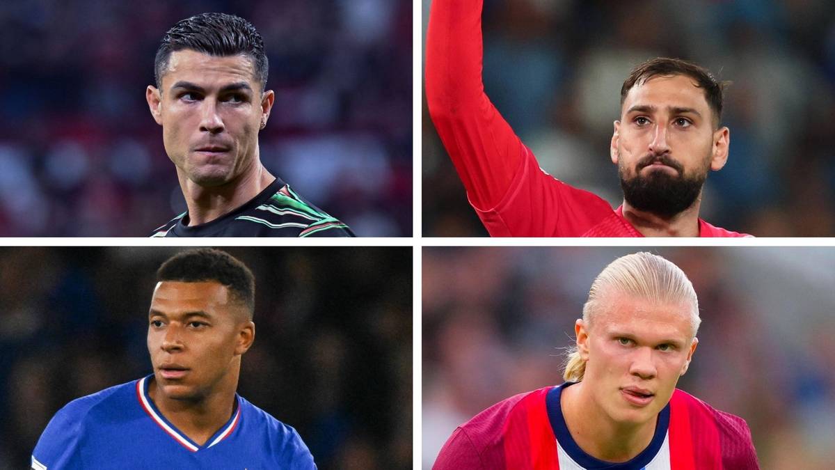 Cztery kolaże zdjęć znanych piłkarzy: Cristiano Ronaldo w czarno-zielonej koszulce, Gianluigi Donnarumma w czerwonej, Kylian Mbappé w niebieskiej i Erling Haaland w różowo-fioletowej.