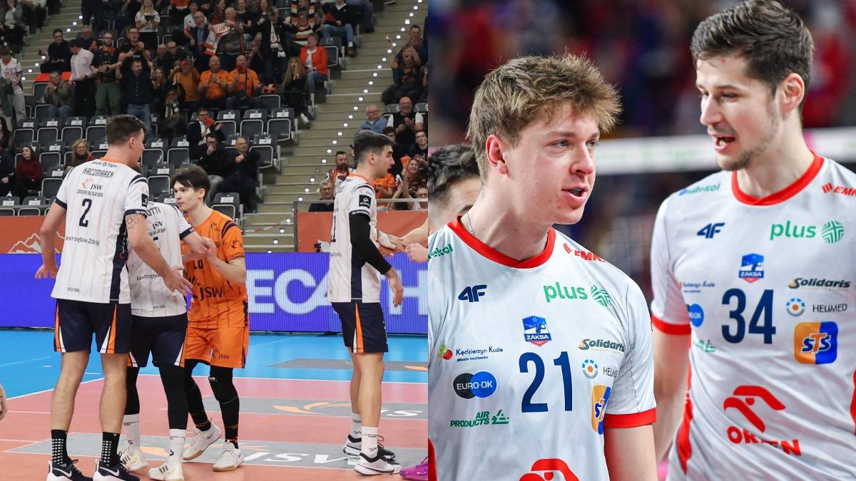 Siatkarze w białych i pomarańczowych strojach na boisku siatkarskim, kibice na trybunach.