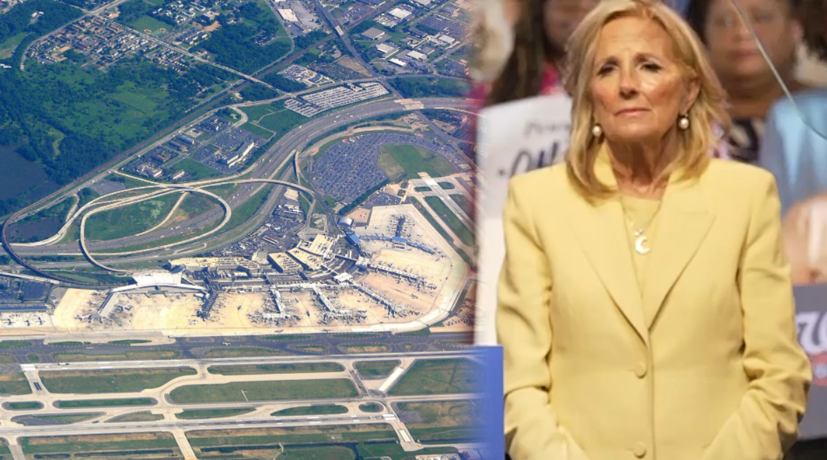 Widok z lotu ptaka na międzynarodowe lotnisko w Filadelfii obok portretu Jill Biden.