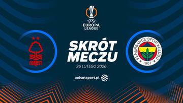 Logo Nottingham Forest FC po lewej stronie, logo Fenerbah&ccedil;e SK po prawej stronie, a pośrodku napis "SKR&Oacute;T MECZU" oraz data 26 lutego 2026. Nad napisem znajduje się logo Ligi Europy.