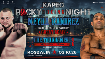 Plakat gali bokserskiej "Rocky Boxing Night" z wizerunkami bokser&oacute;w Meyna i Ramireza. W tle widoczne miasto nocą.