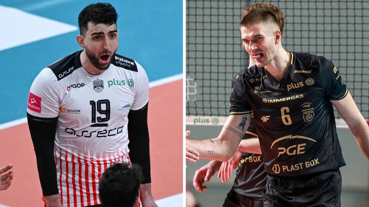 Siatkarz w białej koszulce z numerem 19 po lewej stronie, siatkarz w czarnej koszulce z numerem 6 po prawej stronie.