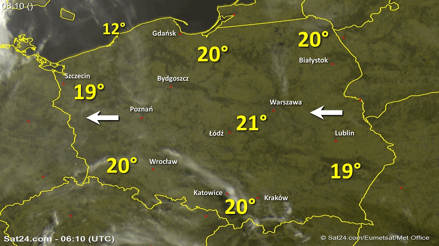 Zdjęcie satelitarne Polski w dniu 28 maja 2018 o godzinie 8:10. Dane: Sat24.com / Eumetsat.