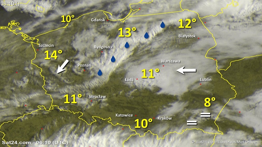 Zdjęcie satelitarne Polski w dniu 15 maja 2018 o godzinie 8:10. Dane: Sat24.com / Eumetsat.