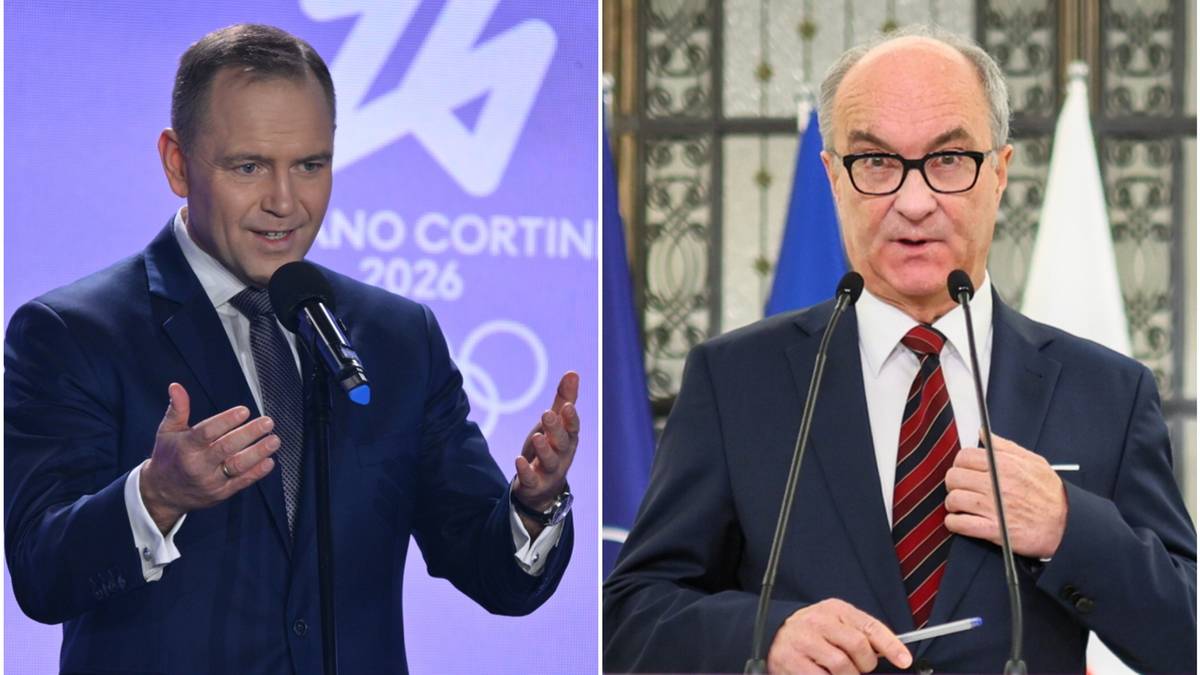 Kolaż zdjęć dw&oacute;ch polityk&oacute;w, jeden przemawia na tle logo "NO CORTINA 2026", drugi za m&oacute;wnicą.