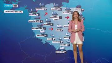 Kobieta w r&oacute;żowej marynarce i białej sp&oacute;dnicy stoi na tle mapy Polski z ikonami pogody i temperaturami.