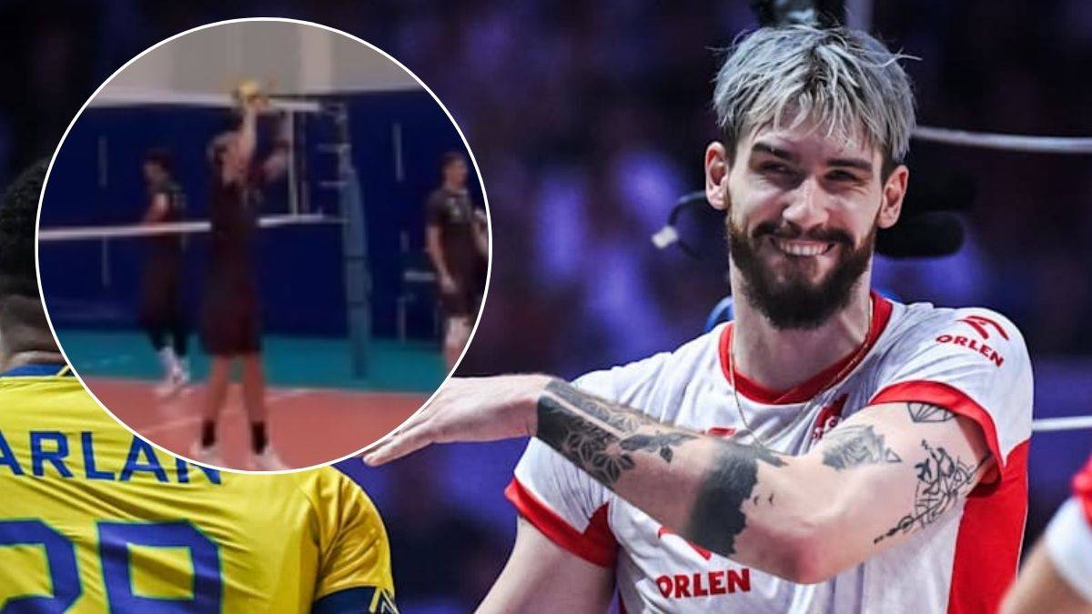 Siłacz w białej koszulce z nadrukiem "ORLEN" z lewej strony, z uśmiechem na twarzy, patrzy w stronę widza. W prawym dolnym rogu znajduje się białe koło z ciemnym obramowaniem, przedstawiające wycinek z boiska do siatkówki z zawodnikami w tle.