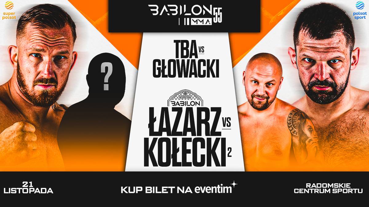 Plakat promujący galę MMA KPS Food & Elmas Babilon MMA 55. Przedstawia portrety dw&oacute;ch zawodnik&oacute;w: po lewej Łukasza Kołeckiego, po prawej Mateusza Łazarza. W centrum znajduje się napis z informacją o walce "Łazarz vs Kołecki 2", a także logotypy organizator&oacute;w.