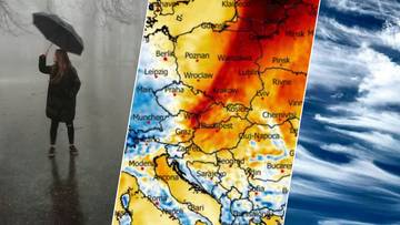 Kobieta z parasolką w deszczu, mapa Europy z prognozą pogody i widok chmur z satelity.