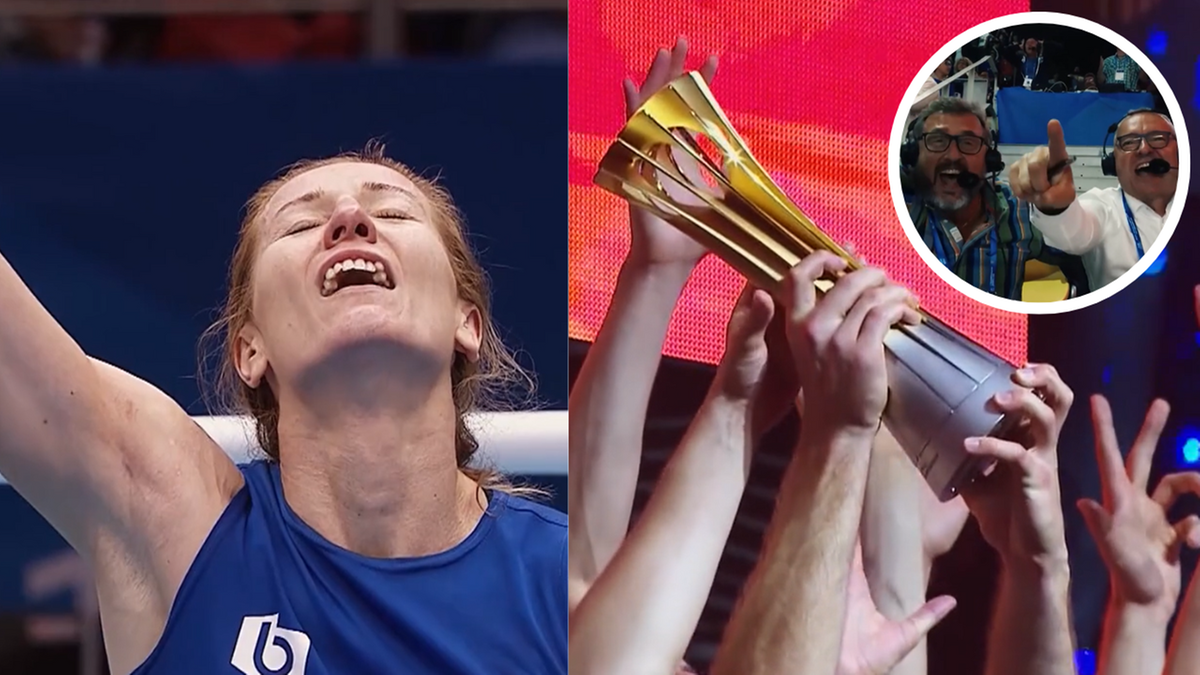 Kobieta w stroju sportowym unosi rękę w geście radości, obok kadry z innymi rękami trzymającymi złoty puchar.