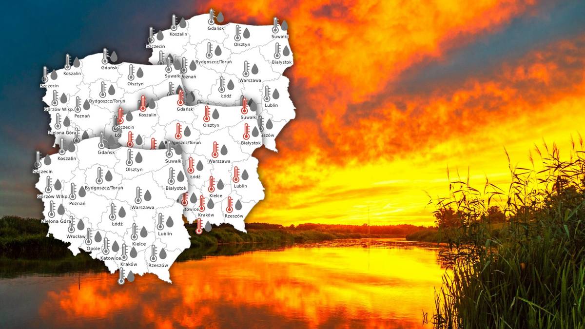 Nakładka mapy Polski z symbolami pogodowymi na tle malowniczego zachodu słońca nad wodą i roślinnością.