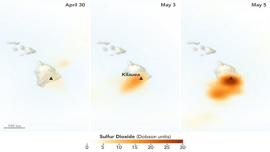 Stężenie dwutlenku węgla nad Hawajami w dniach 30 kwietnia - 5 maja 2018. Fot. NASA.