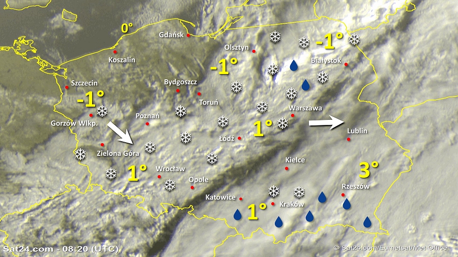 Zdjęcie satelitarne Polski w dniu 18 stycznia 2019 o godzinie 9:20. Dane: Sat24.com / Eumetsat.