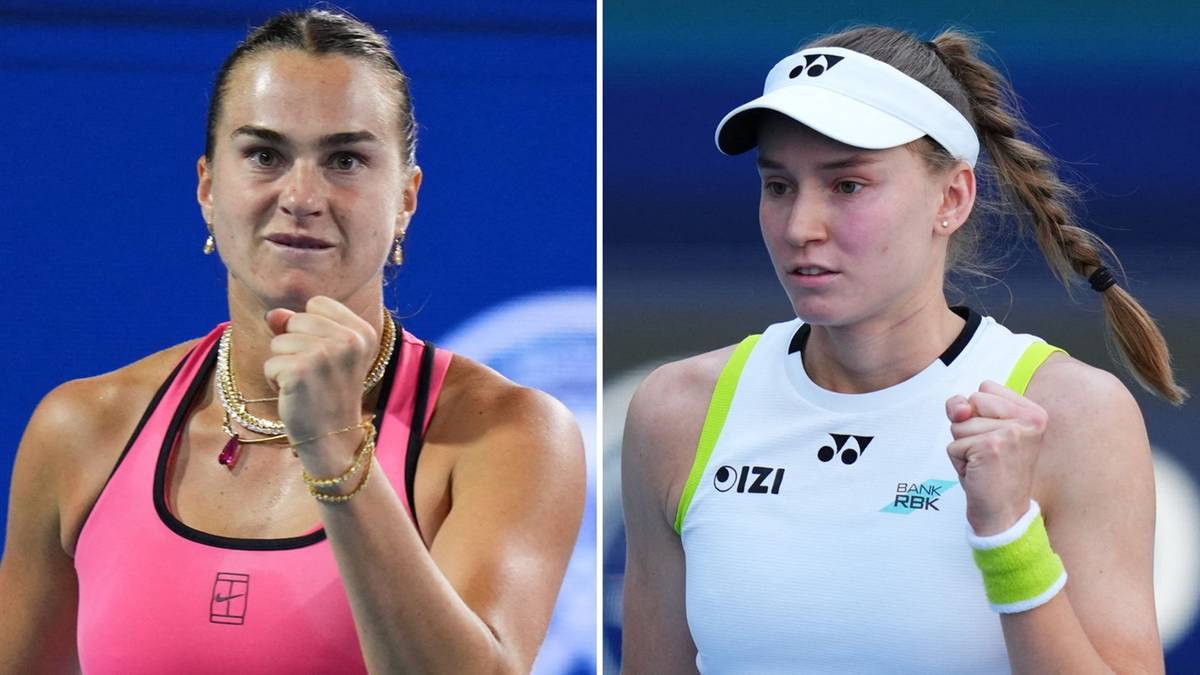 Aryna Sabalenka i Jelena Rybakina zaciskające pięści w geście zwycięstwa, obie przygotowane do meczu tenisowego.